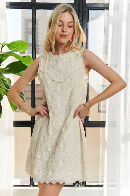 Applique Round Neck Sleeveless Shift Dress in Beige - product view 1