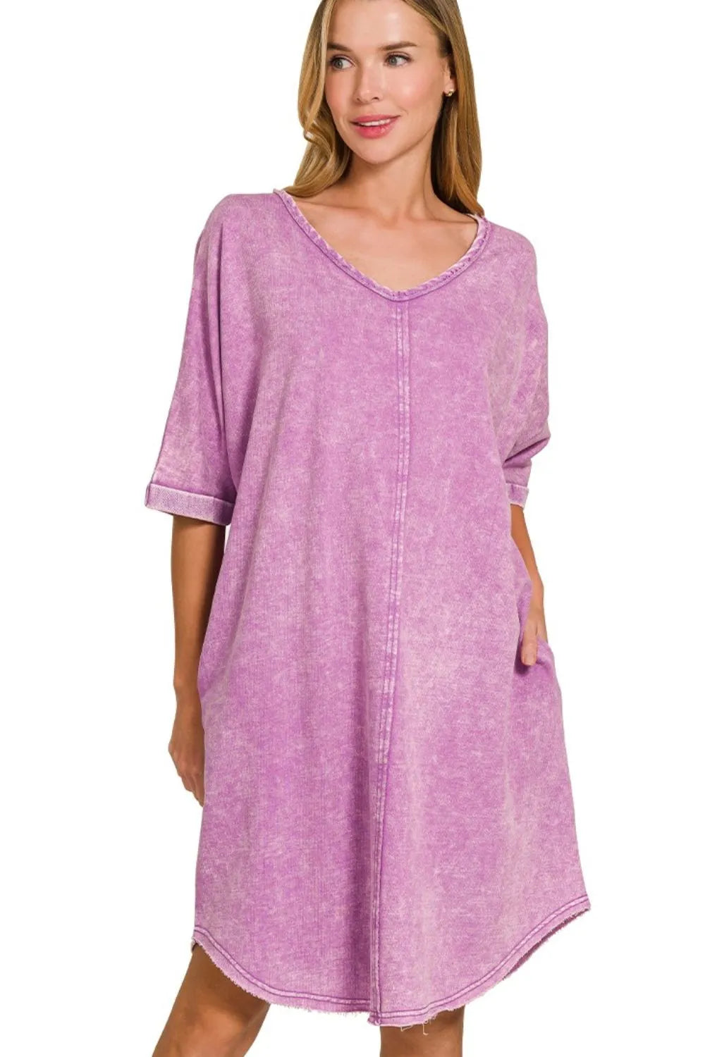 Acid-washed French Terry Tee Shirts Dress - B Violet - product view 1