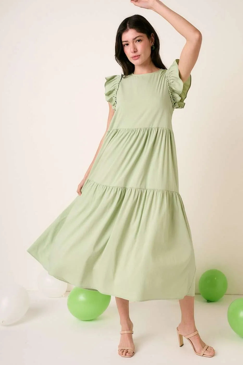Ruffle Short Sleeve Tiered Maxi Dress in Sage - product view 1