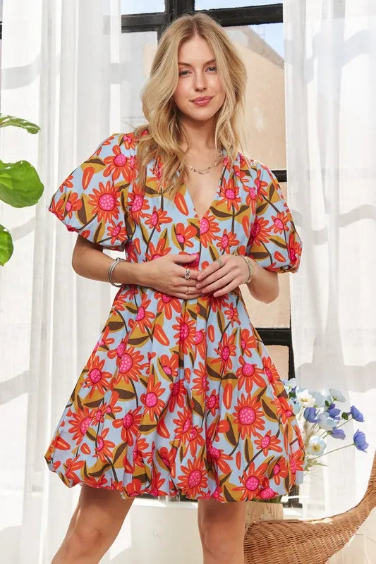 Puff Sleeve Floral Dress - Blue - product view 8