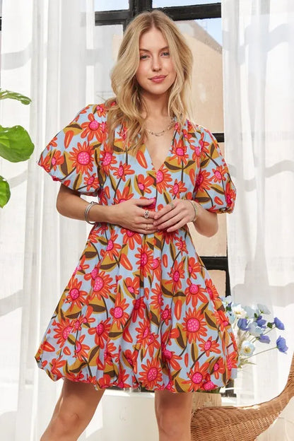 Puff Sleeve Floral Dress - Blue - product view 8