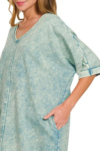 Acid-washed French Terry Tee Shirts Dress - Ash Blue - product view 3