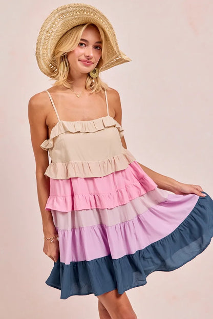 Color Blocked Tiered Dress - Cream/Pink/Lilc/Teal - product view 8