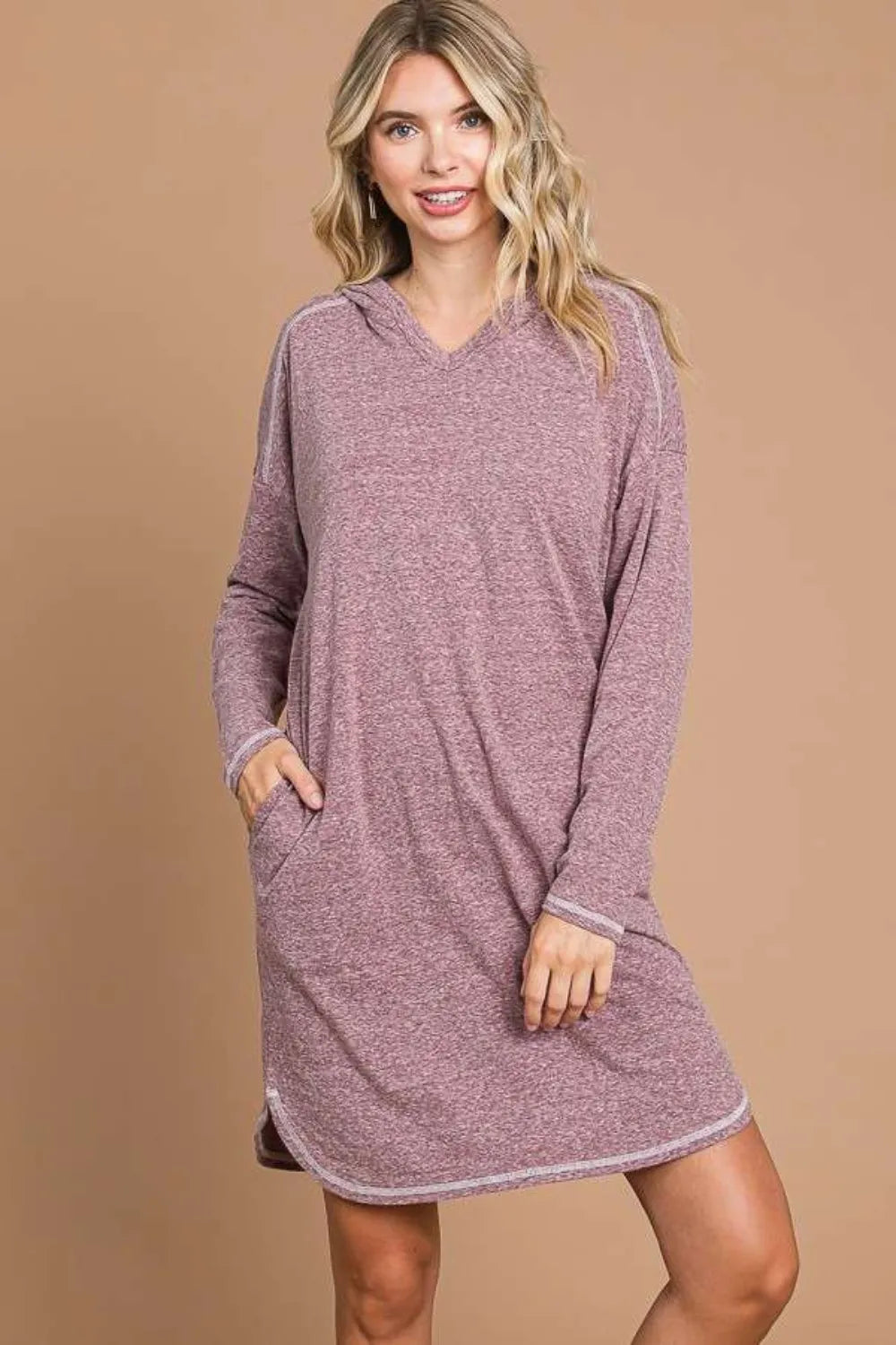 Full Size Hooded Long Sleeve Sweater Dress in Vividmerlot - product view 4