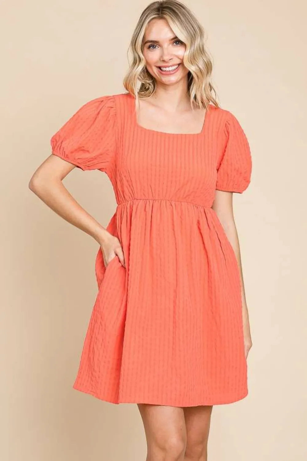Textured Square Neck Short Sleeve Dress in Sugar Coral - product view 1
