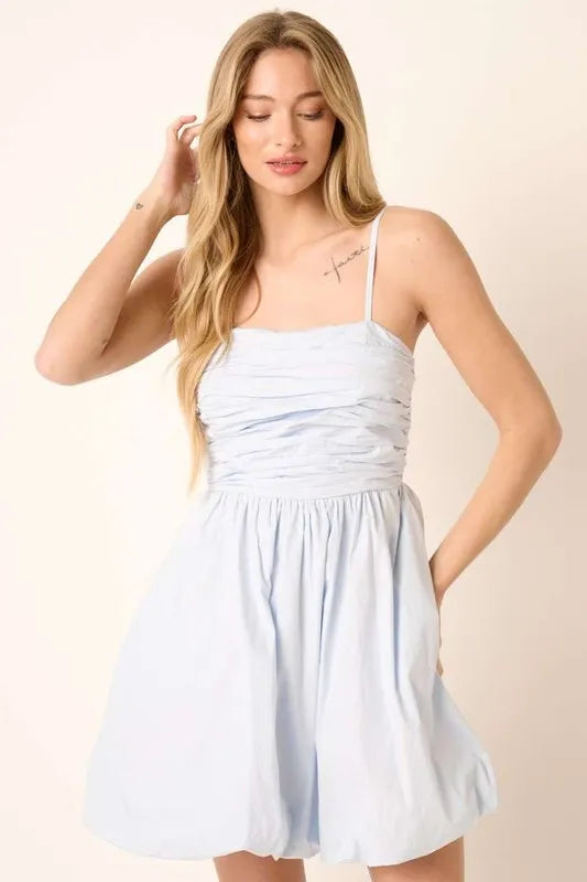 Ruched Detail Bubble Hem Mini Dress in Blue - product view 3