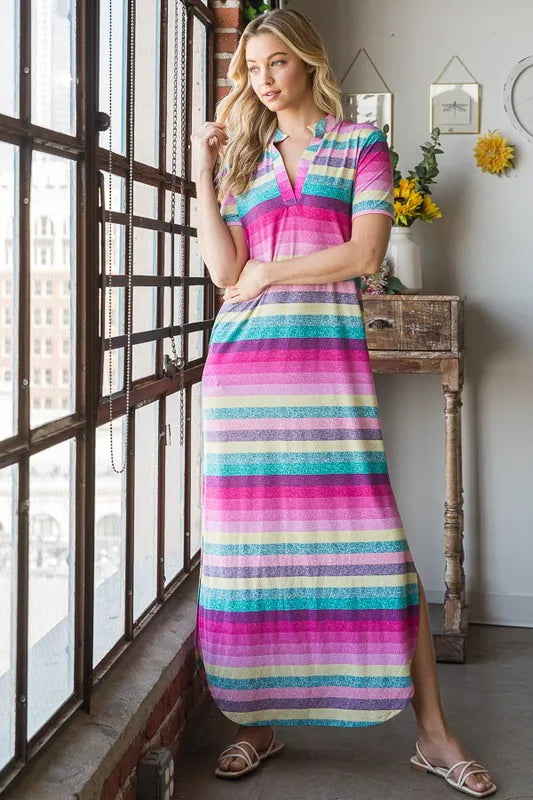 Full Size Striped Short Sleeve Maxi Tee Dress Plus Size in Pink Multi - product view 8