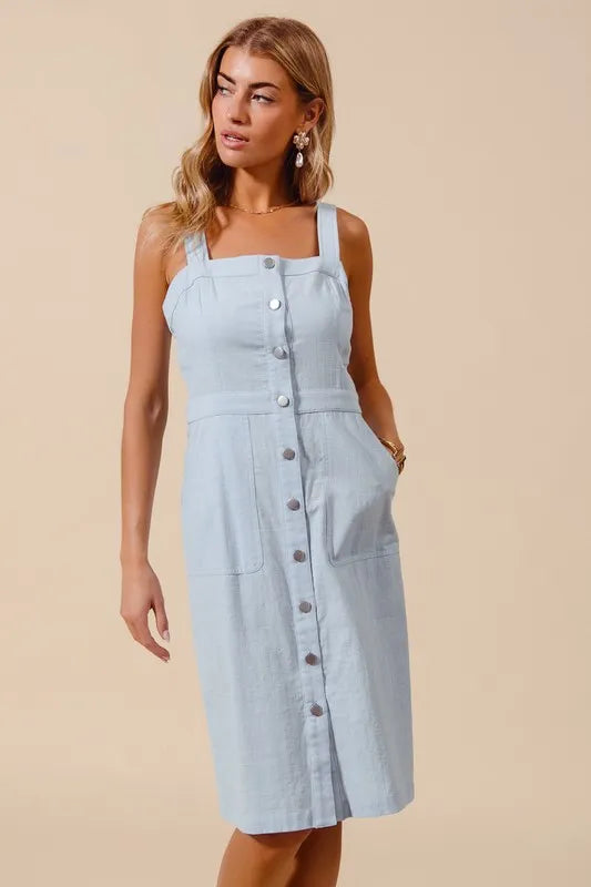 Button Down Pocket Front Pinafore Dress - Lt Denim - product view 2