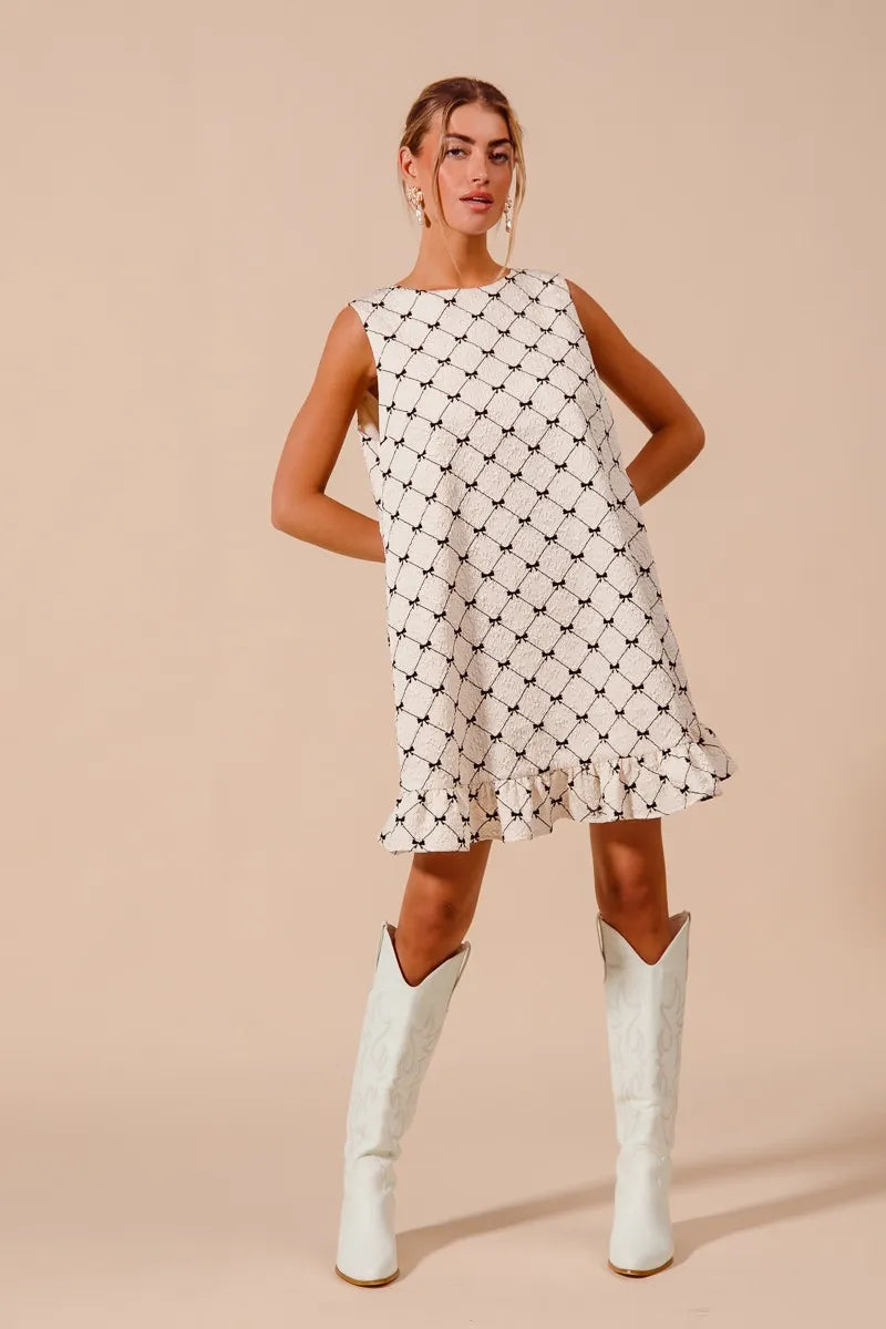 Texture Bow Printed Mini Ruffle Dress in Ivory - product view 6