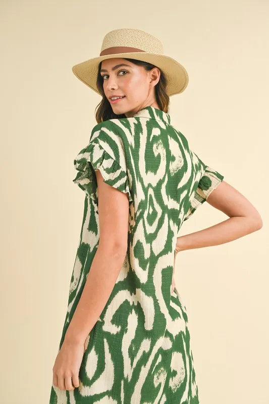 Abstract Printed Frill Sleeve Shirt Mini Dress in Green - product view 3