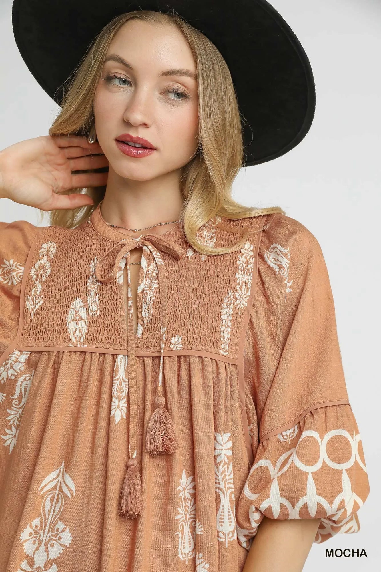 Boarder Print Tassel Tie Neck Mini Dress in Mocha - product view 4