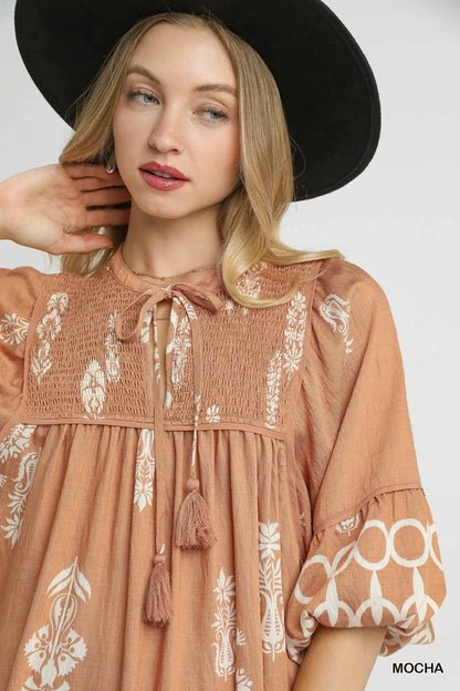 Boarder Print Tassel Tie Neck Mini Dress in Mocha - product view 4
