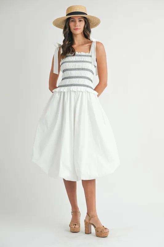 Smocked Bodice Bubble Midi Dress in Off White - product view 2