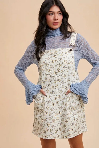 Stretch Ditsy Print Denim Overall Mini Dress in Ivory - product view 3