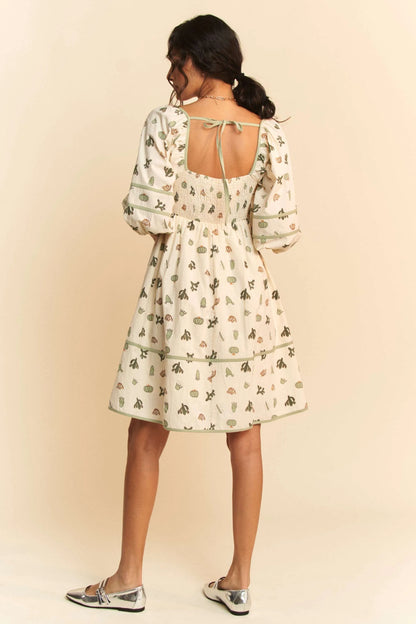 Cactus Printed Poplin Contrast Piping Mini Dress in Cream/Green - product view 10