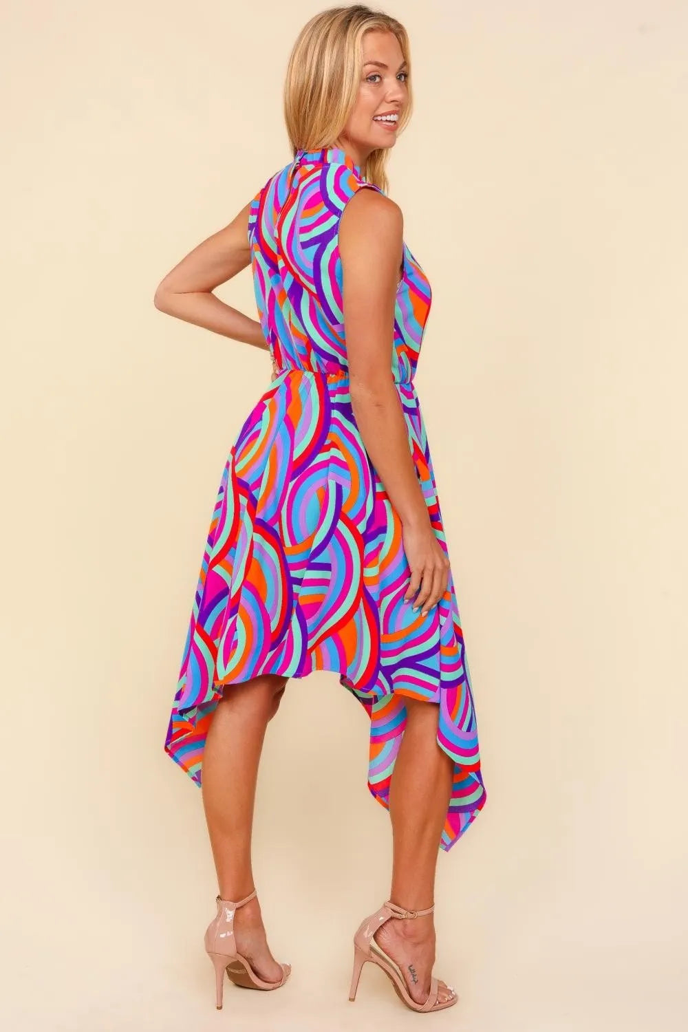 Full Size Mock Neck Sleeveless Printed Dress in Blue/Orange/Lilac - product view 3