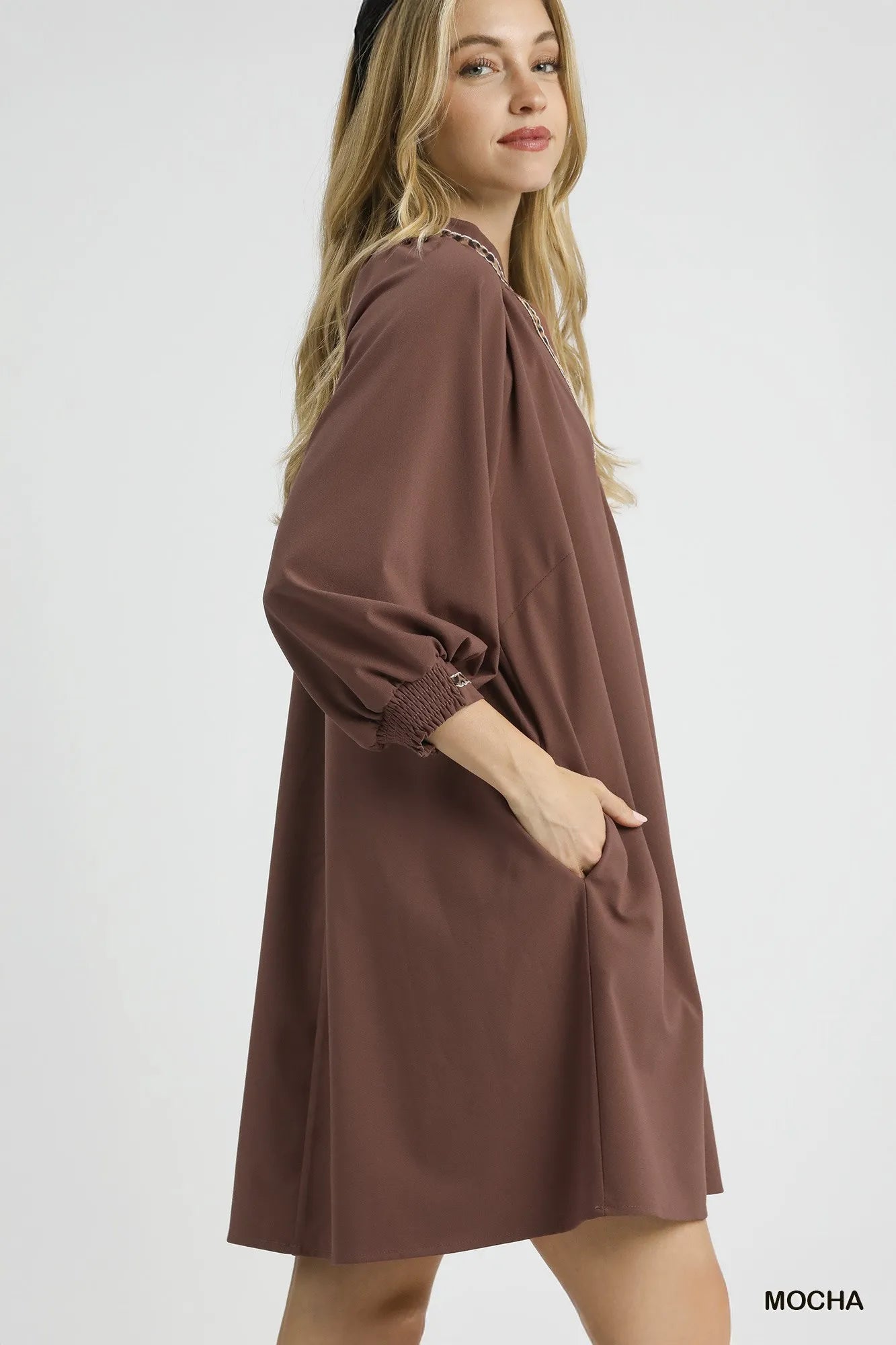Notched Shift Dress with Trim Detail - Mocha - product view 3