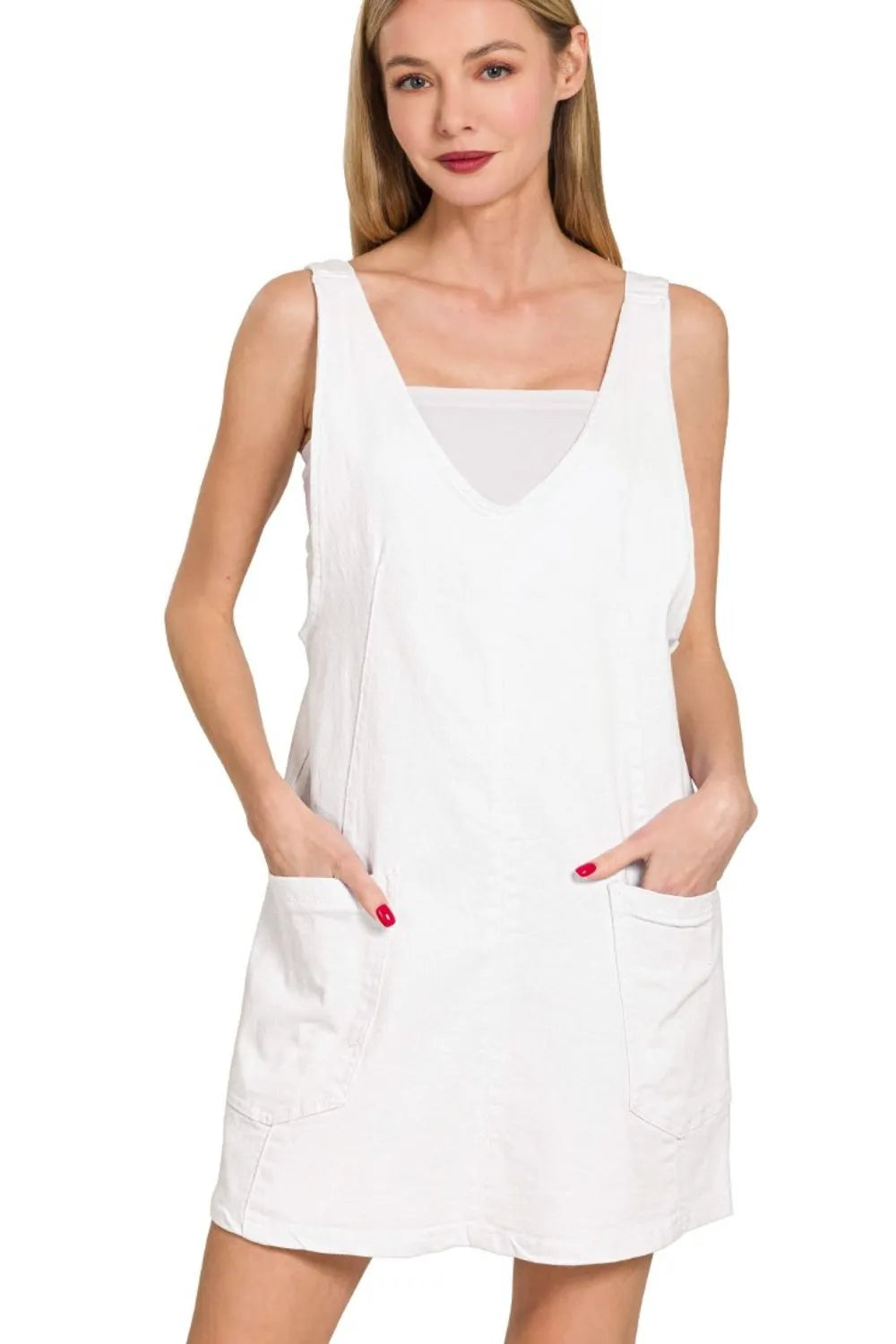 Washed Adjustable Strap Denim Overall Dress - White - product view 1