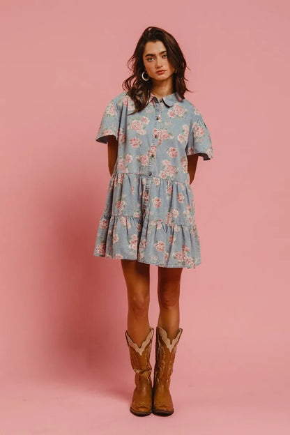 Floral Print Washed Lightweight Tiered Shirt Dress in Lt Denim - product view 7