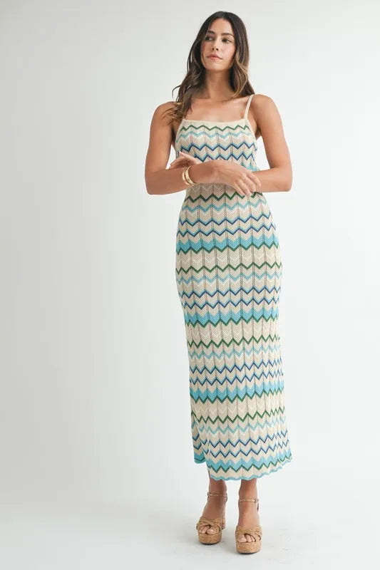 Lightweight Pointelle Chevron Knit Maxi Dress - Aqua - product view 10