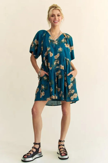 Floral Print Short Bell Sleeve Pleated Mini Dress in Teal Blue - product view 8