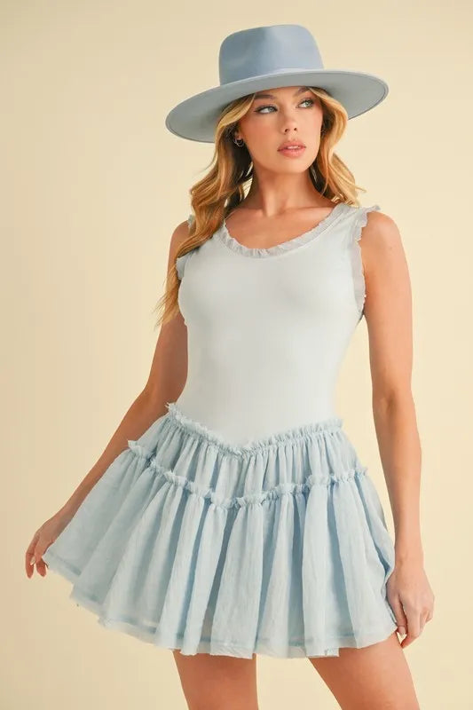Frill Sleeveless Drop Waist Mini Dress - Sky - product view 1