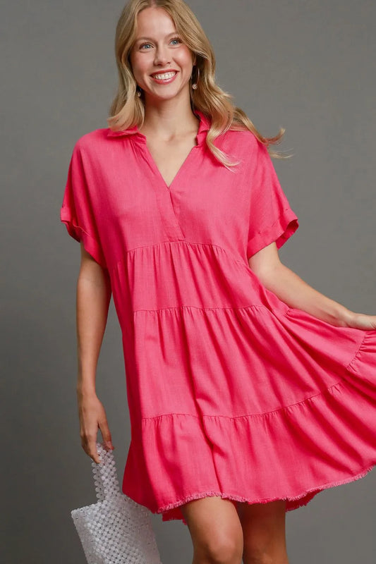 Full Size Raw Hem Folded Sleeve Tiered Dress Plus Size - Hot Pink - product view 1