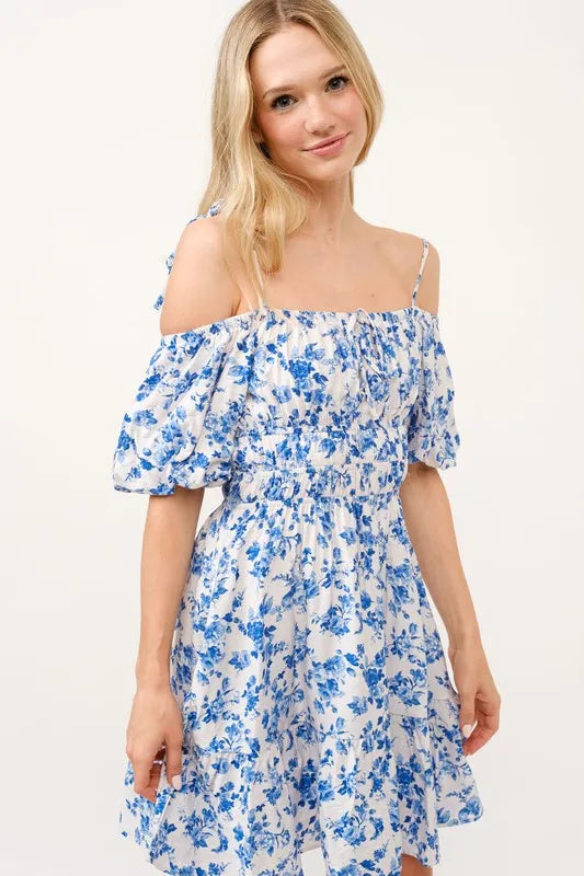 Off Shoulder Bubble Sleeve Dress in White Blue - product view 1