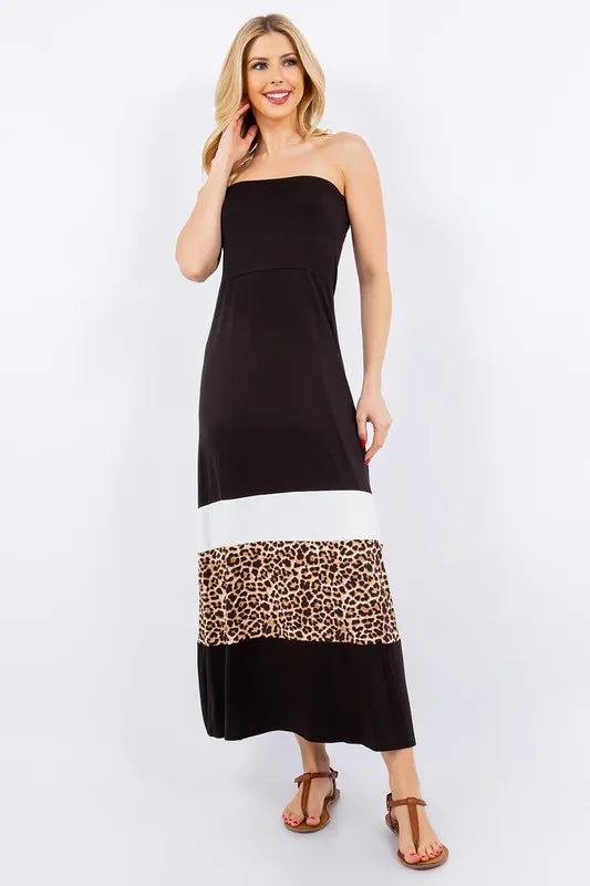 Full Size Leopard Color Block Tube Maxi Dress Plus Size in Black - product view 3