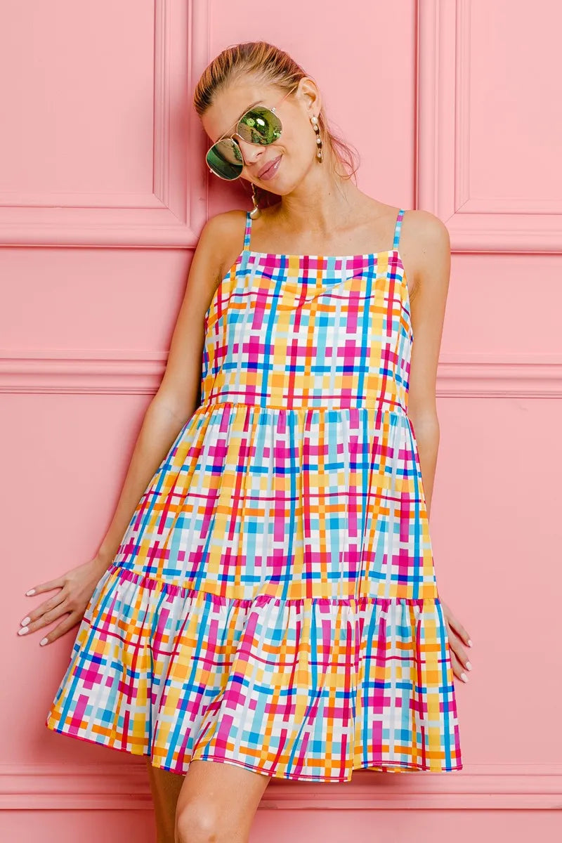 Multi Colors Plaid Sleeveless Sun Dress - product view 3