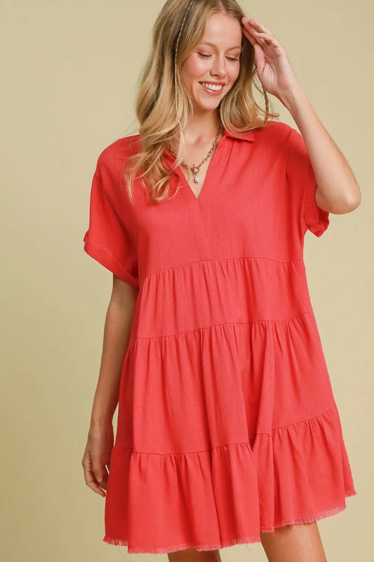 Full Size Raw Hem Folded Sleeve Tiered Dress Plus Size - Strawberry - product view 1