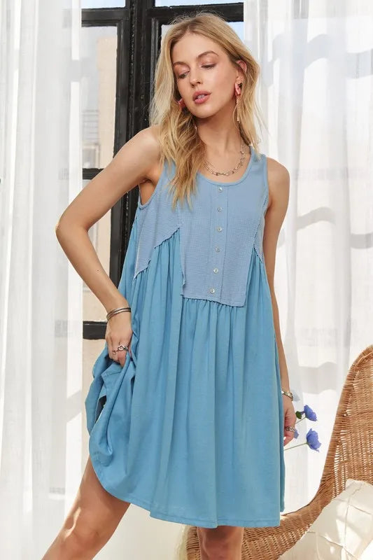 Decorative Button Sleeveless Babydoll Dress - Vintage Denim - product view 5