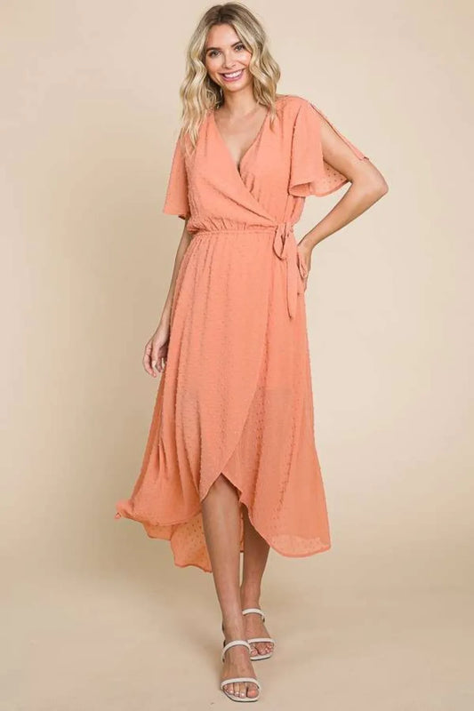 Full Size Swiss Dot Tied Slit Short Sleeve Dress in Cocoa - product view 1