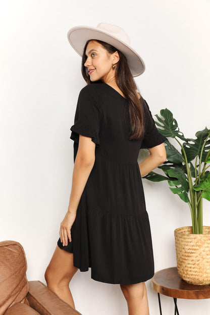 V-Neck Flounce Sleeve Tiered Dress in Dark Blue and Black - product view 9