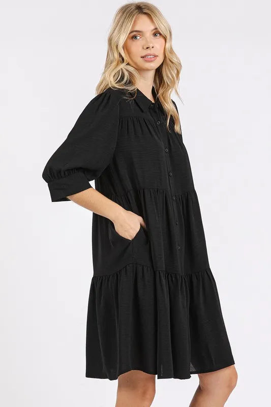 Button Detail Collared Neck Tiered Shirt Dress - Black - product view 2