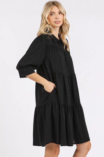 Button Detail Collared Neck Tiered Shirt Dress - Black - product view 2