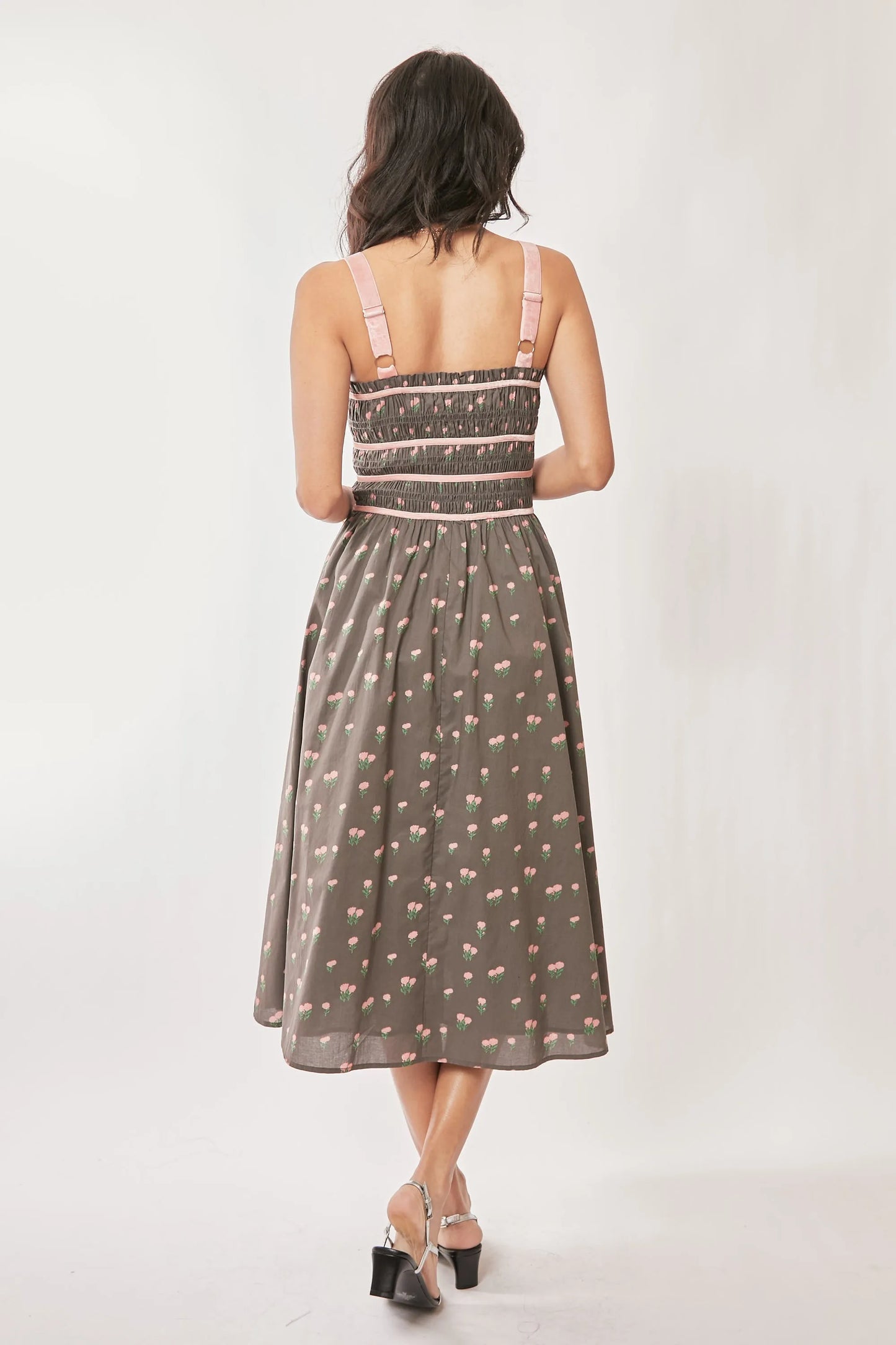 Contrast Velvet Tape Smocking Bodice Midi Dress in Mocha Brown - product view 4