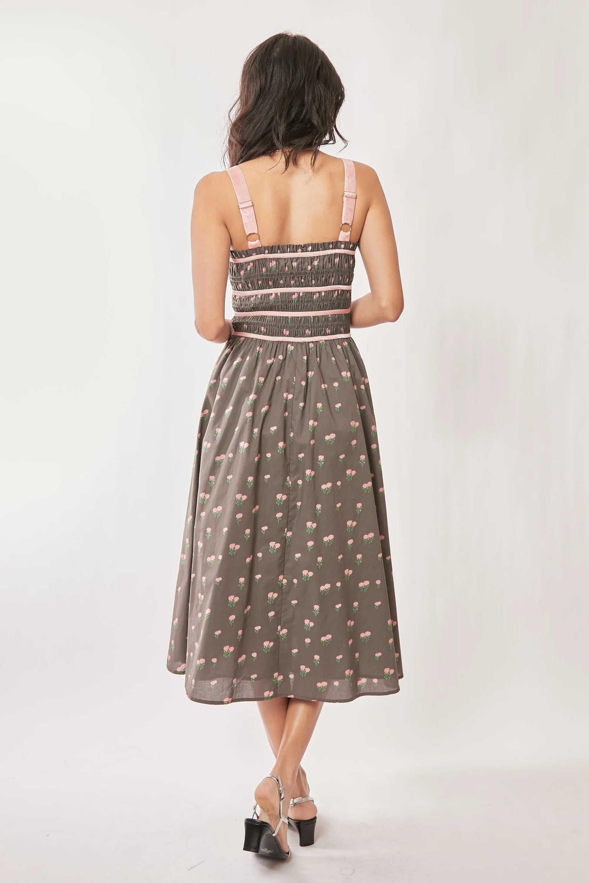 Contrast Velvet Tape Smocking Bodice Midi Dress in Mocha Brown - product view 4