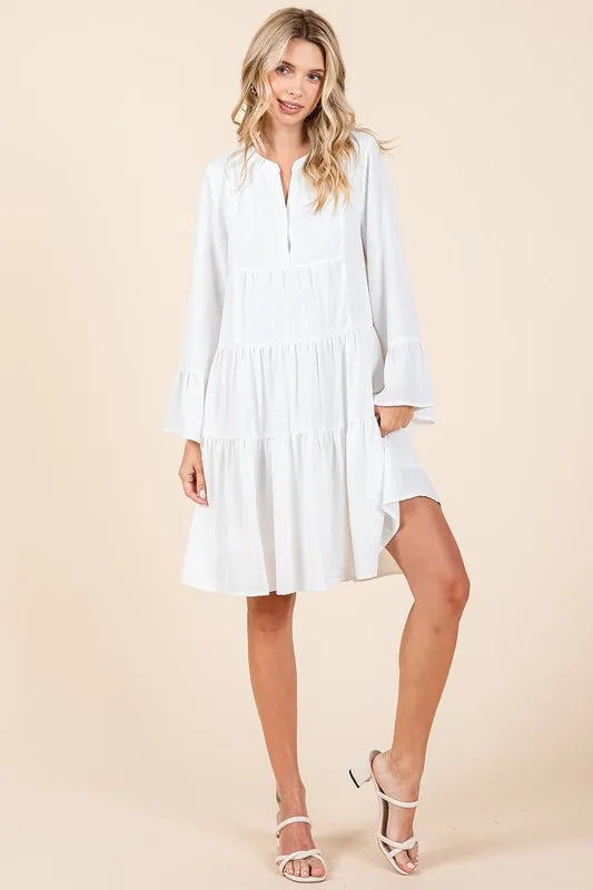 Tiered Notched Flare Sleeve Dress - Ivory - product view 5