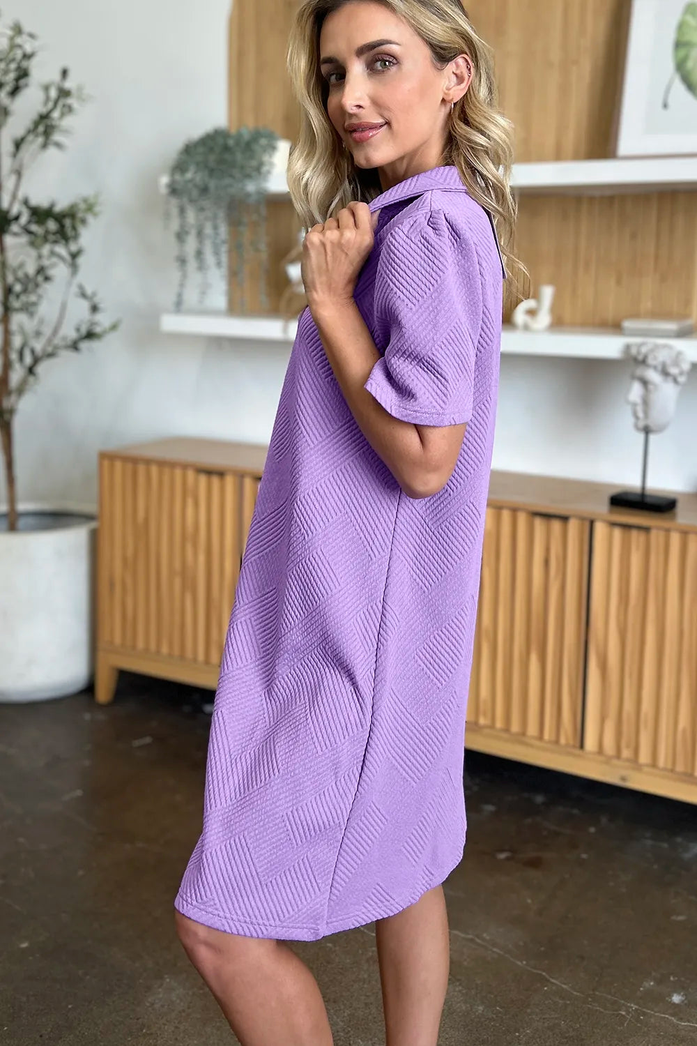 Full Size Texture Collared Neck Short Sleeve Dress in White, Lavender and more - product view 9