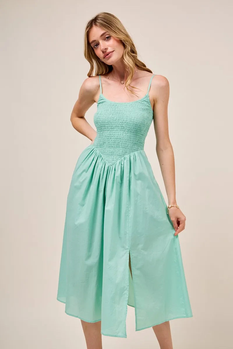 Smocked Sleeveless Casual Everyday Dress With Slit - Sage - product view 5