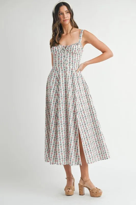 Floral Print Bustier Back Lace Up Midi Dress - Cream - product view 9