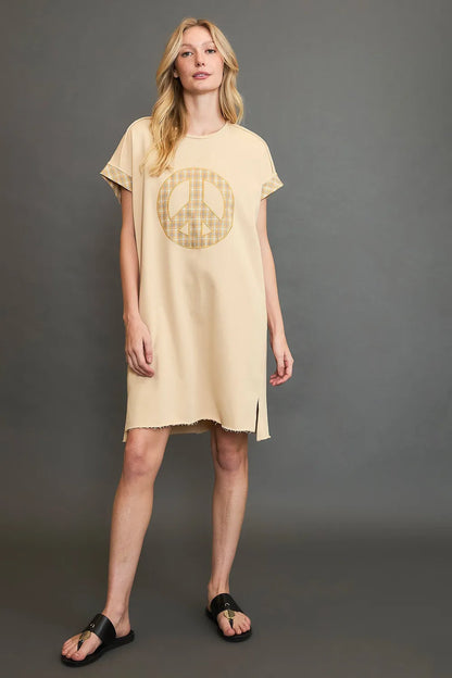 Peace Plaid Applique Short Sleeve Mini Dress - Pastel Yellow - product view 3