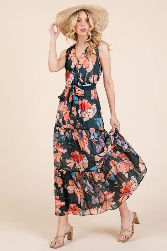 Floral Print Sleeveless Tie Waist Maxi Dress in Multi - product view 6