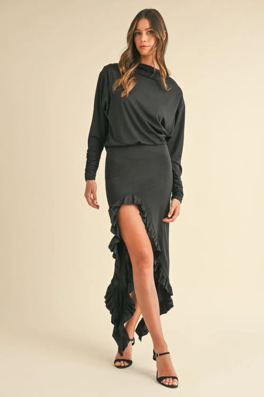 Backless Asymmetric Ruffle Hem Dress - Black - product view 1