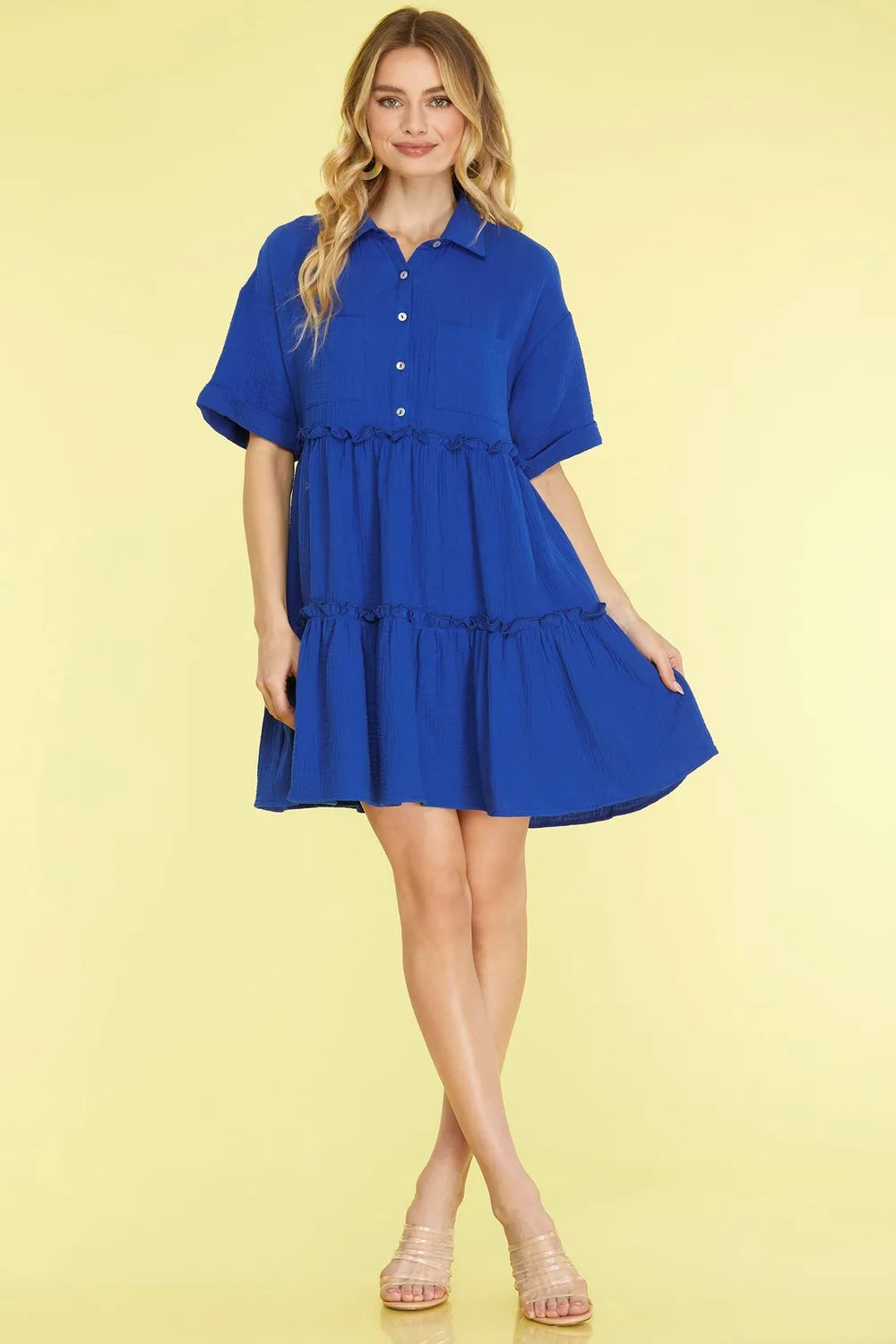 Full Size Button Front Frill Tiered Mini Dress Plus Size - Dark Blue - product view 1