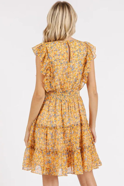 Ditsy Floral Print Ruffle Chiffon Mini Dress in Tangerine - product view 2