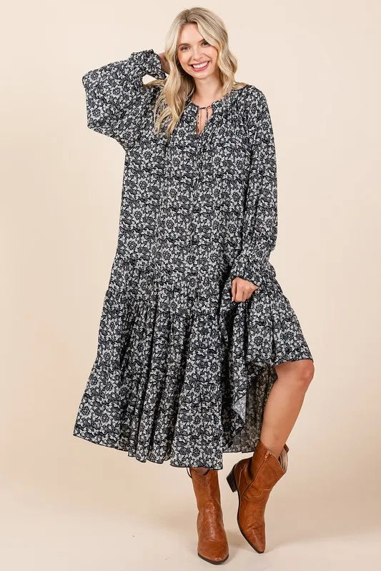 Printed Tie Neck Flounce Sleeve Midi Dress in Dark Navy - product view 1