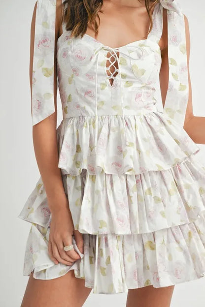Floral Print Shoulder Tie Layered Mini Dress - Off White - product view 14