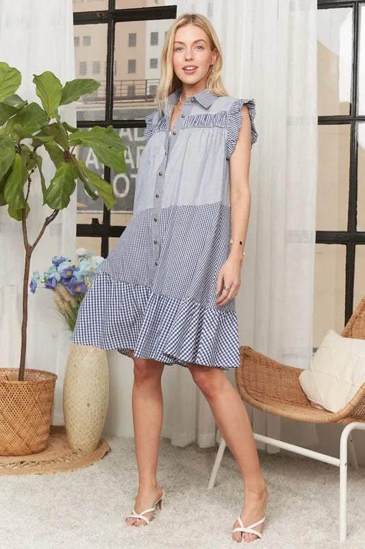 Button Down Textured Babydoll Dress in Blue - product view 14
